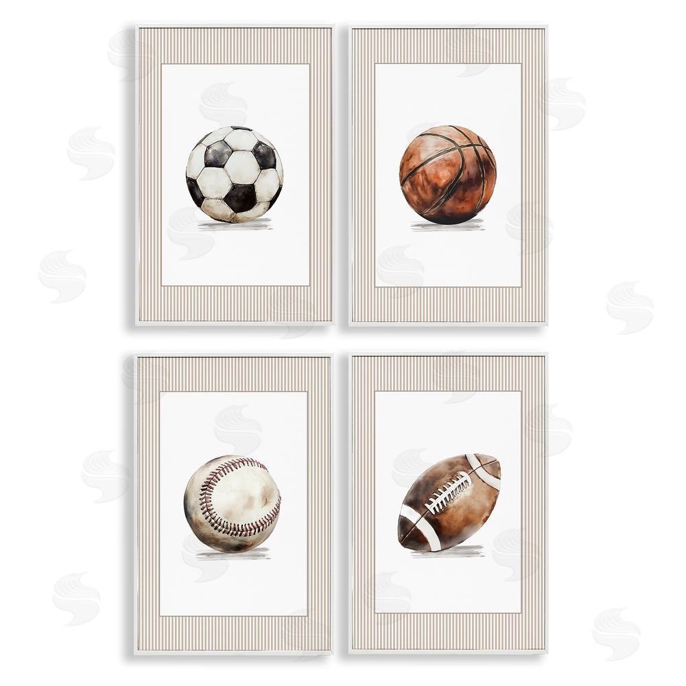 Christine Simpson Art Vintage Sports Beige Stripes White Framed Giclee Wall Art Print