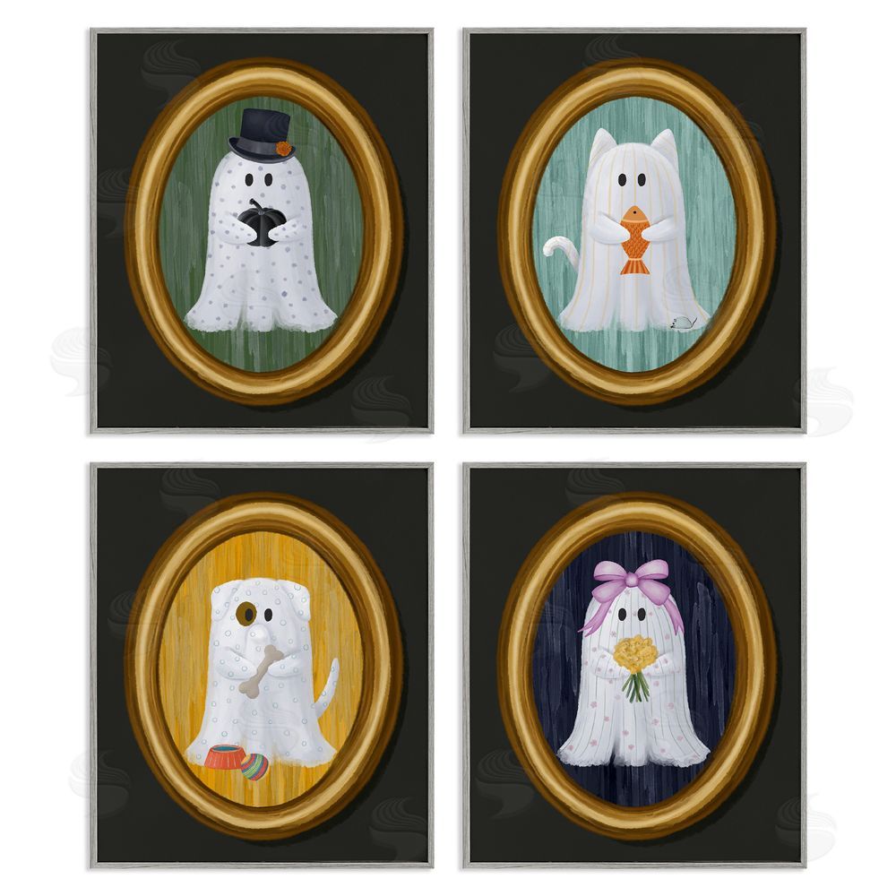 Jennifer Stith Halloween Ghosts & Pets Gray Framed Giclee Wall Art Print