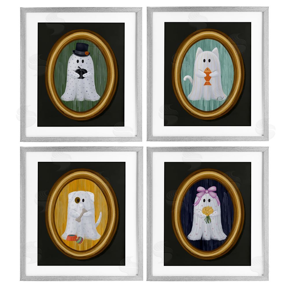 Jennifer Stith Halloween Ghosts & Pets Gray Framed Print Under Glass with White Mat Wall Art