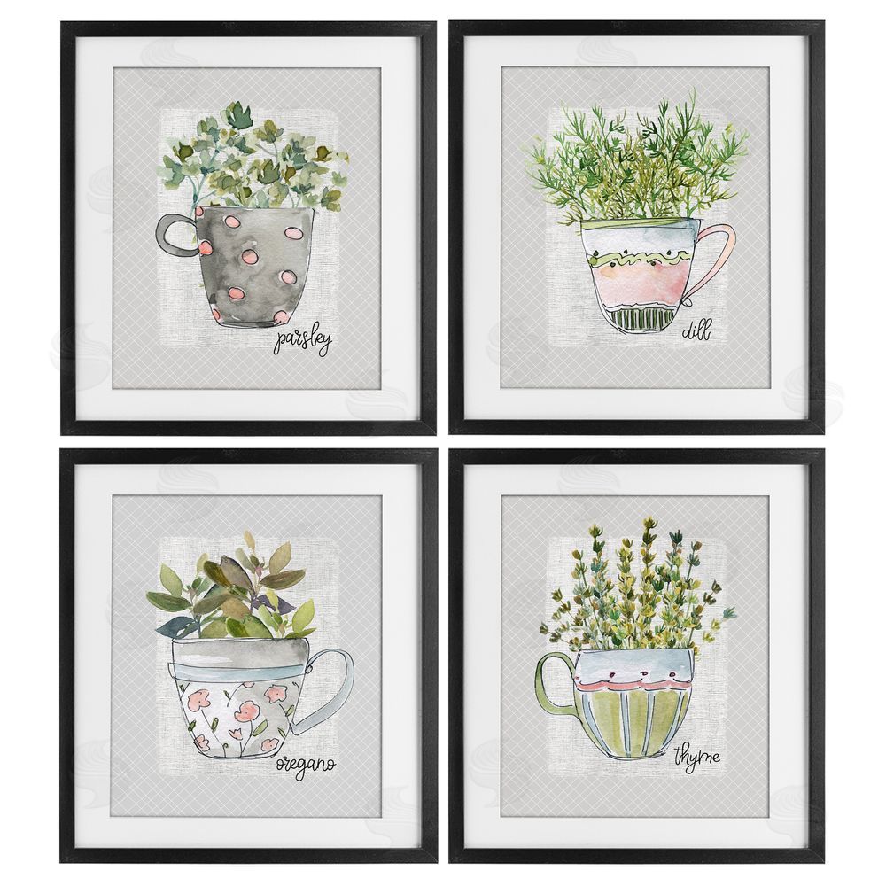 Livi Finn Kitchen Herbs in Mugs Black Framed Print Under Glass Wall Art