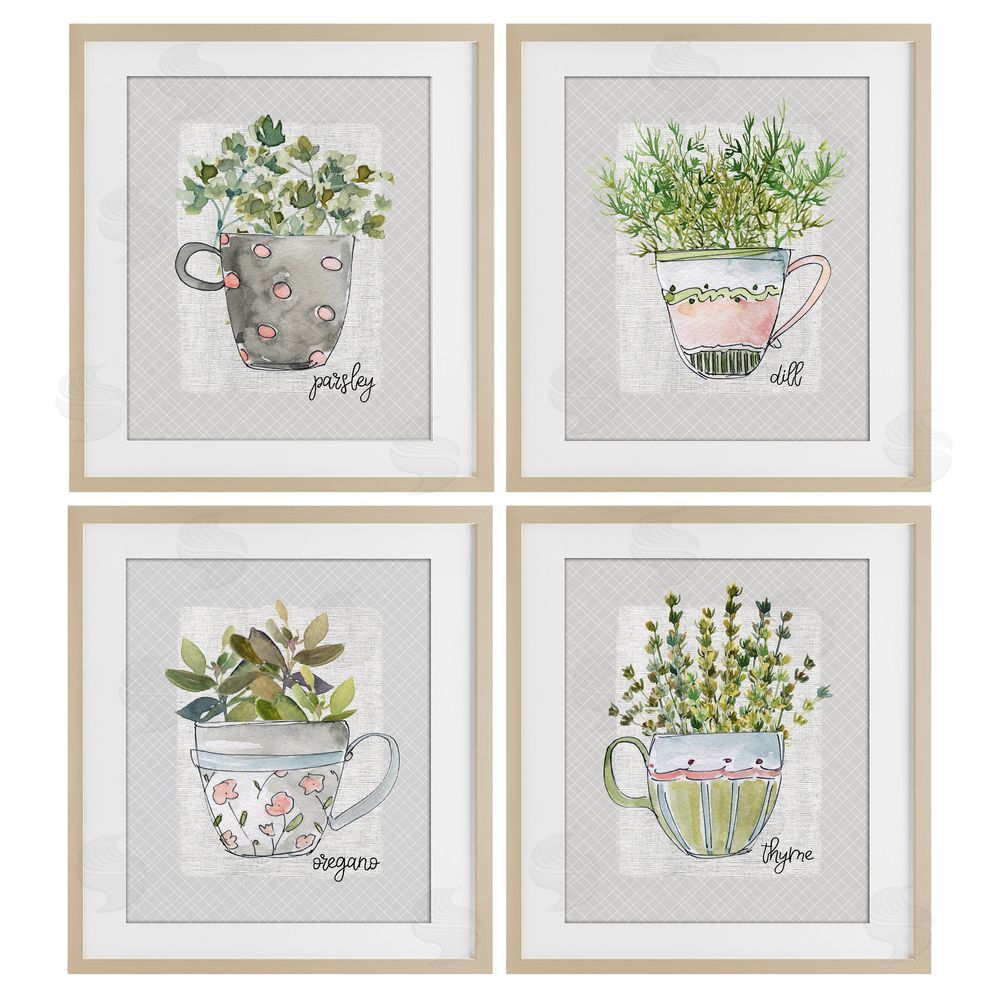 Livi Finn Kitchen Herbs in Mugs Brown Framed Print Under Glass Wall Art