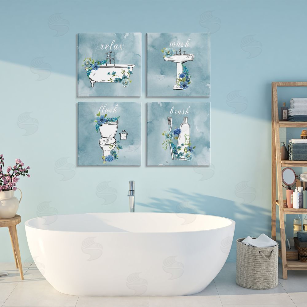 Nan Blue Floral Bathroom Rules Stretched Canvas Wall Art Print in Room
