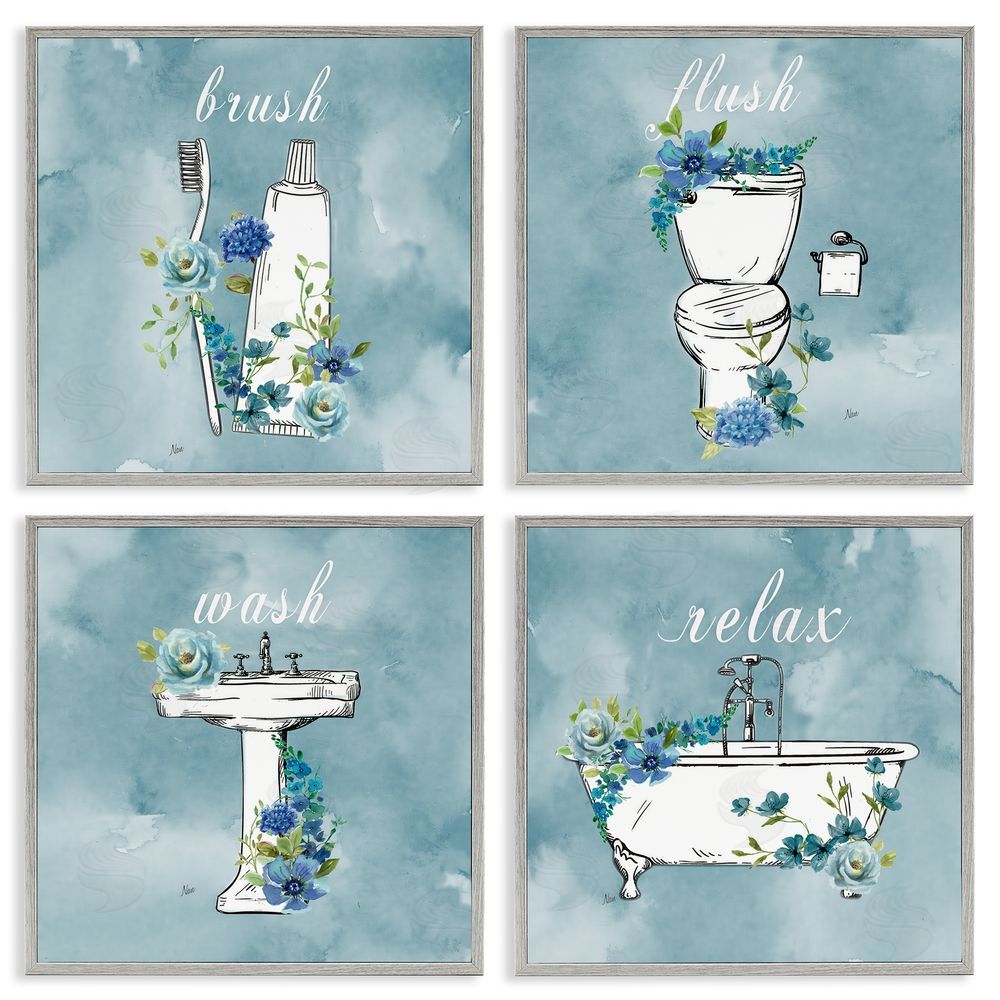 Nan Blue Floral Bathroom Rules Gray Framed Giclee Wall Art Print