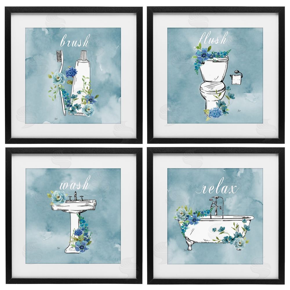 Nan Blue Floral Bathroom Rules Black Framed Print Under Glass with Matting Wall Art