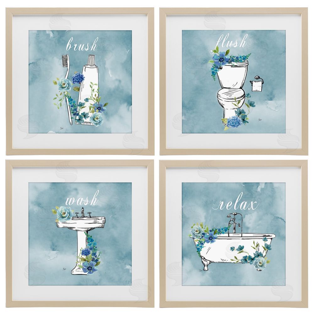 Nan Blue Floral Bathroom Rules Brown Framed Print Under Glass with Matting Wall Art