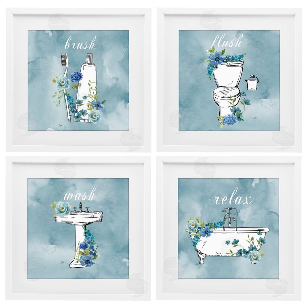 Nan Blue Floral Bathroom Rules White Framed Print Under Glass with Matting Wall Art