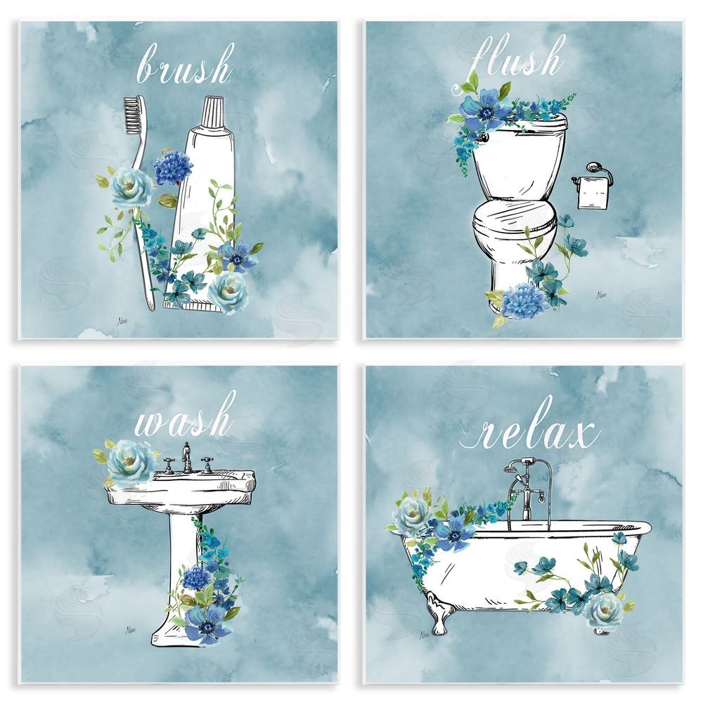 Nan Blue Floral Bathroom Rules Wall Plaque Art Print with White Foil Wrap