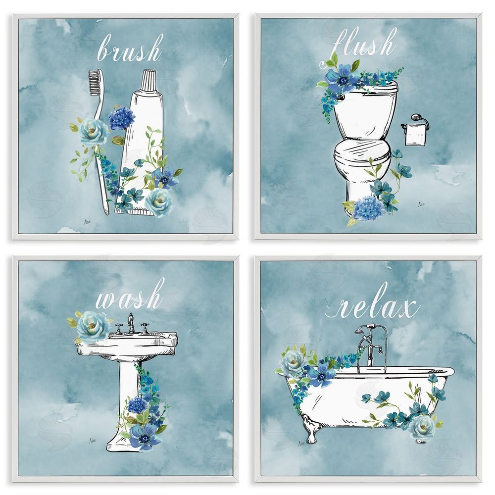 Nan Blue Floral Bathroom Rules White Framed Giclee Wall Art Print