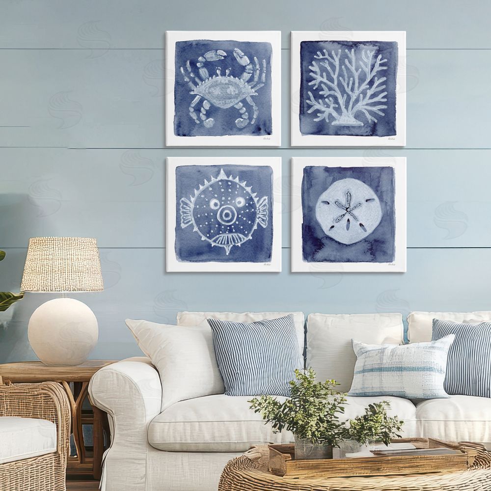 Patti Bishop Aquatic Creatures on Indigo Stretched Cavas Wall Art Set in Room
