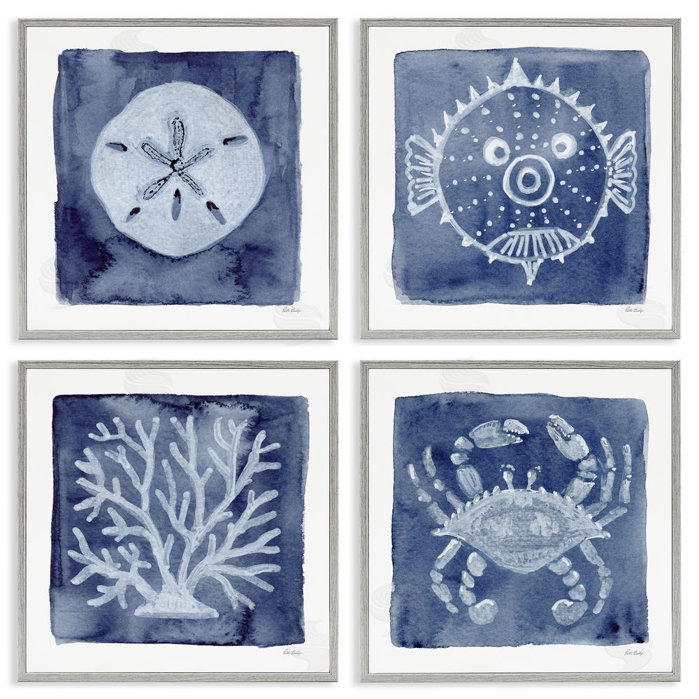 Patti Bishop Aquatic Creatures on Indigo Gray Framed Giclee Wall Art Print