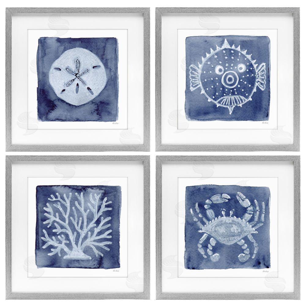 Patti Bishop Aquatic Creatures on Indigo Gray Framed Print Under Glass Wall Art