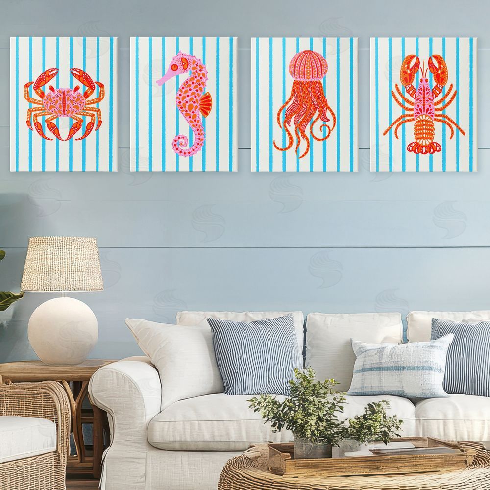Indira Prieto | IndySign Bright Sea Creatures on Stripes Stretched Cavas Wall Art Set in Room