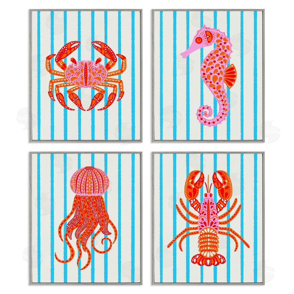 Indira Prieto | IndySign Bright Sea Creatures on Stripes Gray Framed Giclee Wall Art Print