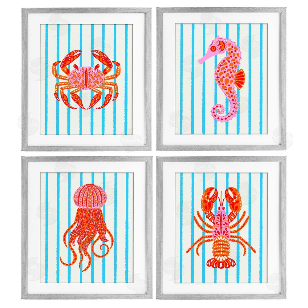 Indira Prieto | IndySign Bright Sea Creatures on Stripes Gray Framed Print Under Glass Wall Art