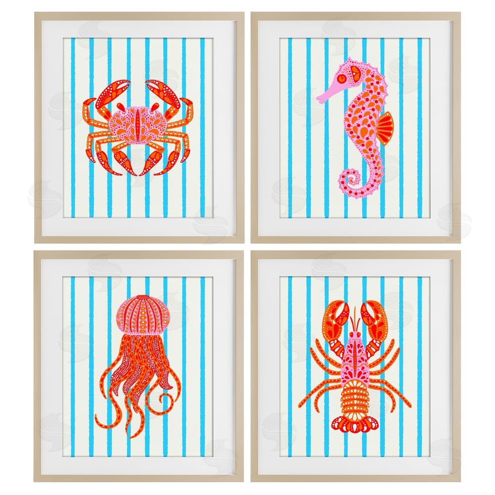 Indira Prieto | IndySign Bright Sea Creatures on Stripes Brown Framed Print Under Glass Wall Art