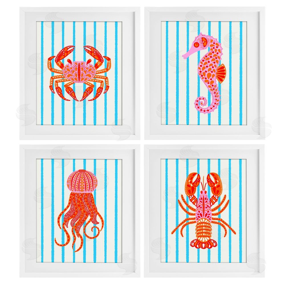 Indira Prieto | IndySign Bright Sea Creatures on Stripes White Framed Print Under Glass Wall Art