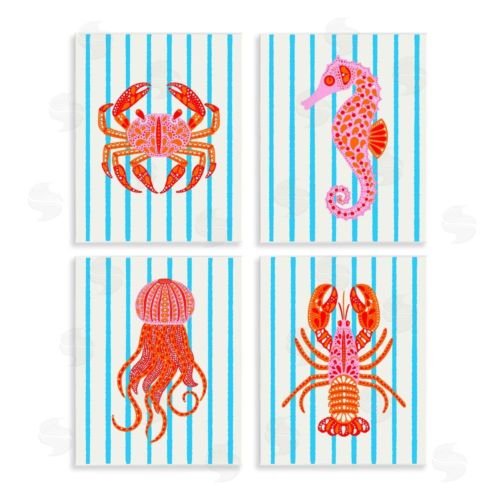 Indira Prieto | IndySign Bright Sea Creatures on Stripes Wooden Wall Plaque Art Print