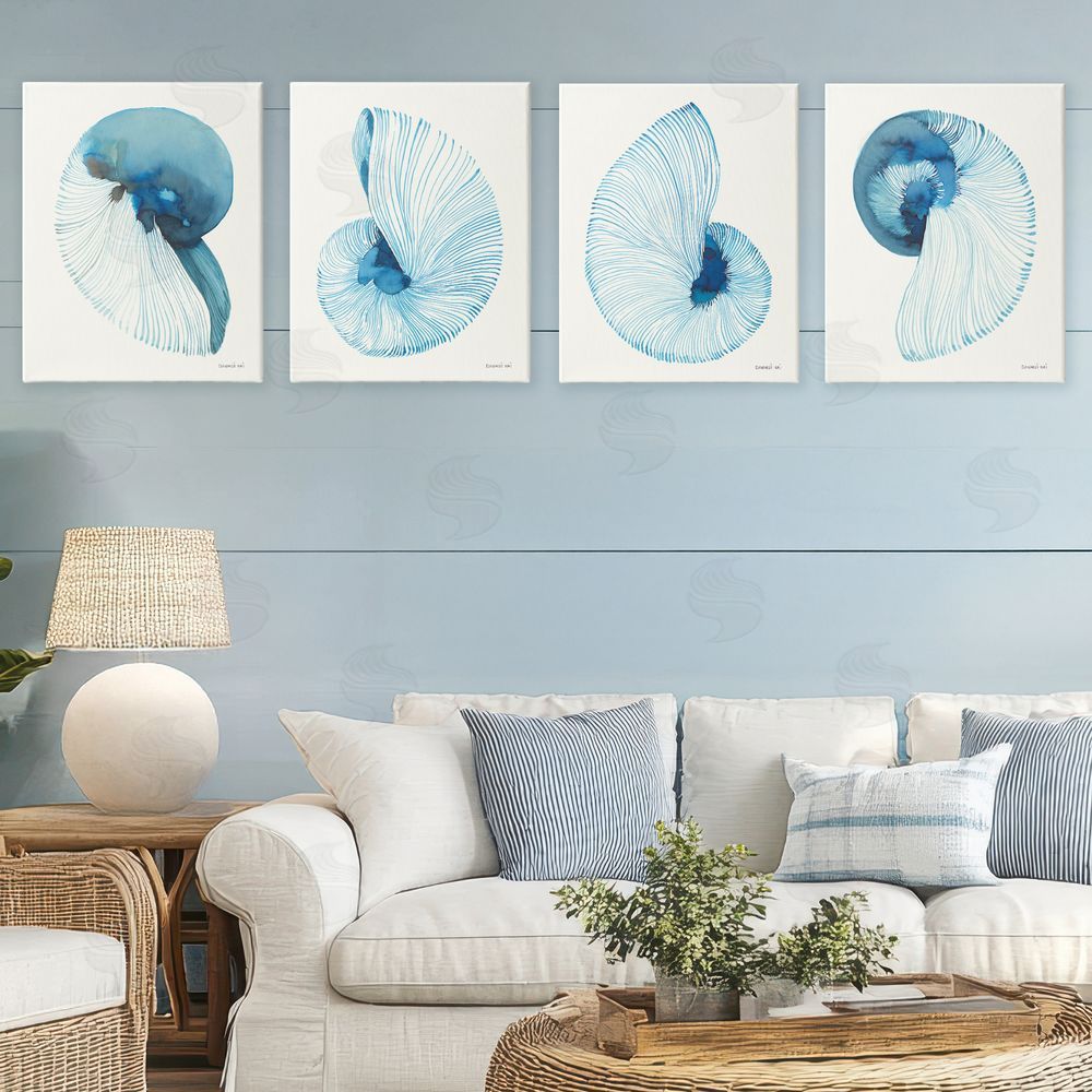 Danhui Nai Blue Toned Nautilus Shells Stretched Cavas Wall Art Set in Room