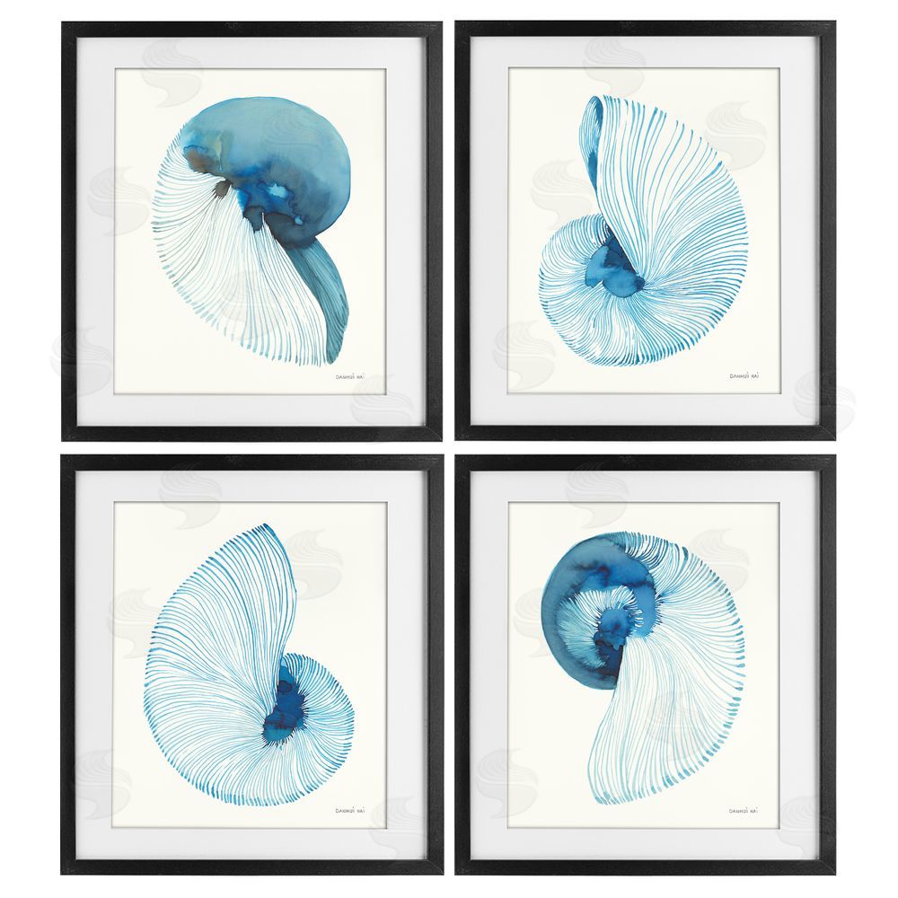 Danhui Nai Blue Toned Nautilus Shells Black Framed Print Under Glass Wall Art