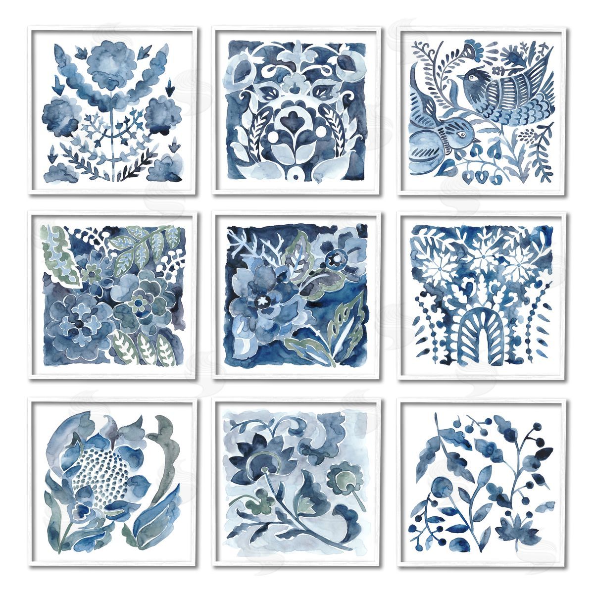 Chariklia Zarris Abstract Botanical Birds Layered Watercolor  White Framed Giclee Wall Art Print