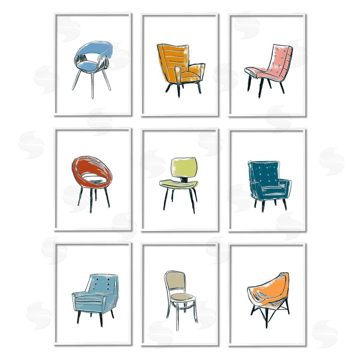 June Erica Vess Stylish Modern Chairs Varied Furniture White Framed Giclee Wall Art Print