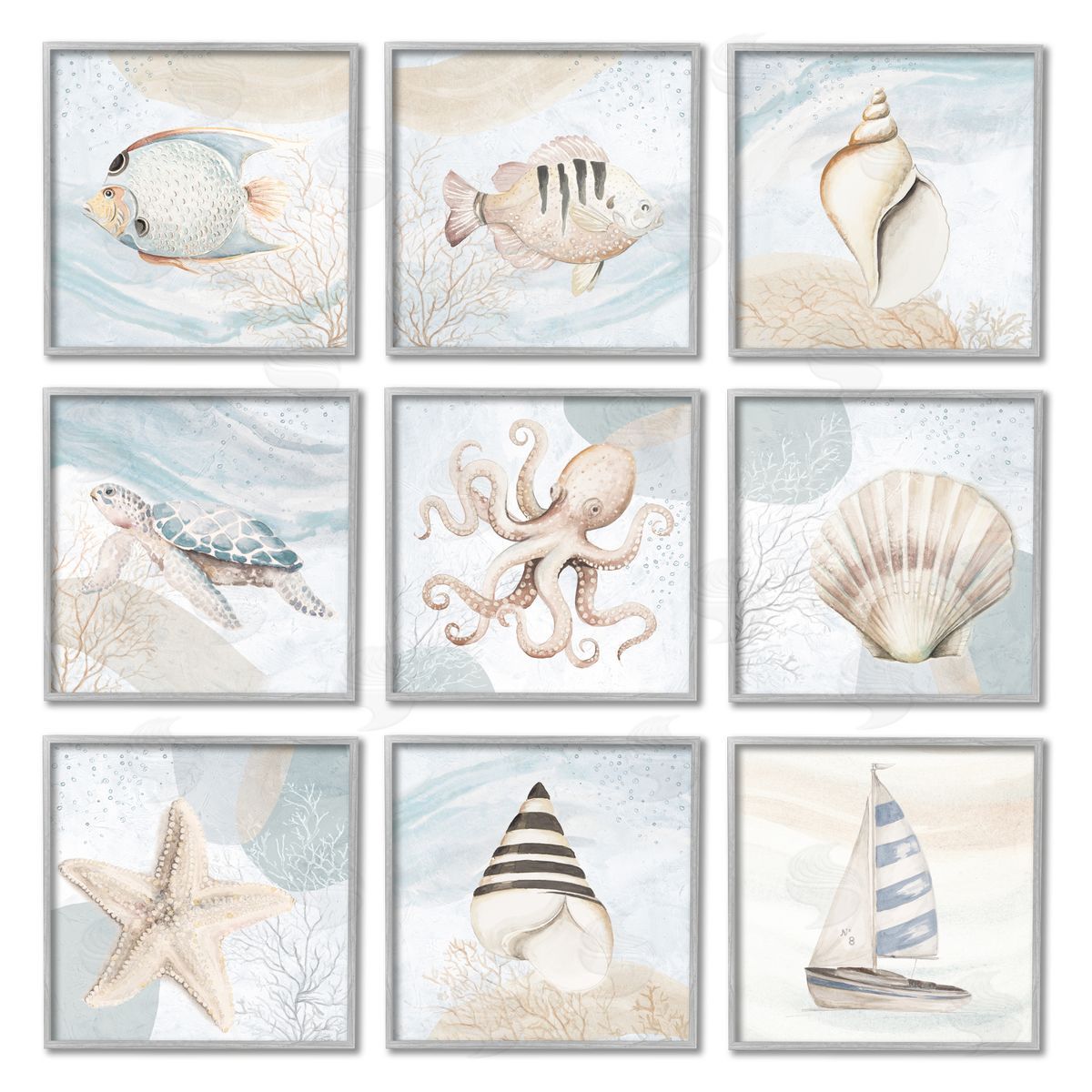 Patricia Pinto Nautical Sea Life Beach Theme Boats Seashells Gray Framed Giclee Wall Art Print