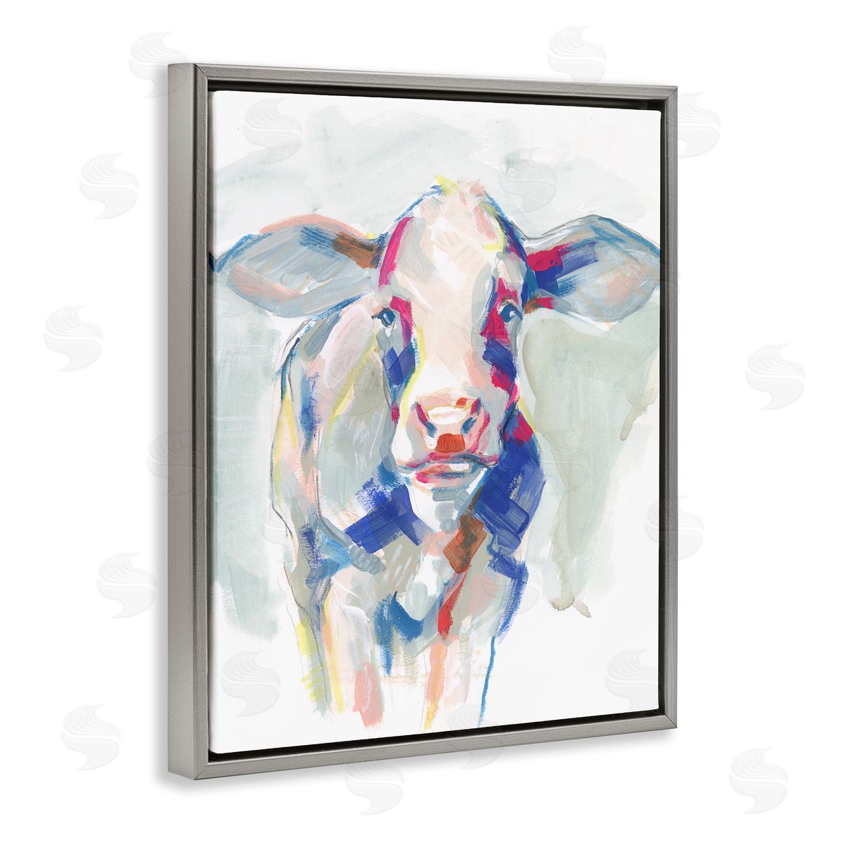 Colorful Cow Farm Animal Painting Grey Floating Frame Canvas Wall Art, Home Decor by Jennifer Paxton Parker