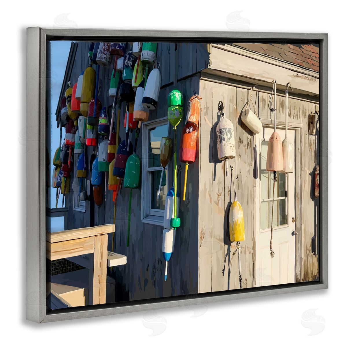 Island Hut Beach Buoy Grey Floating Frame Canvas Wall Art, Home Decor by Emily Kalina