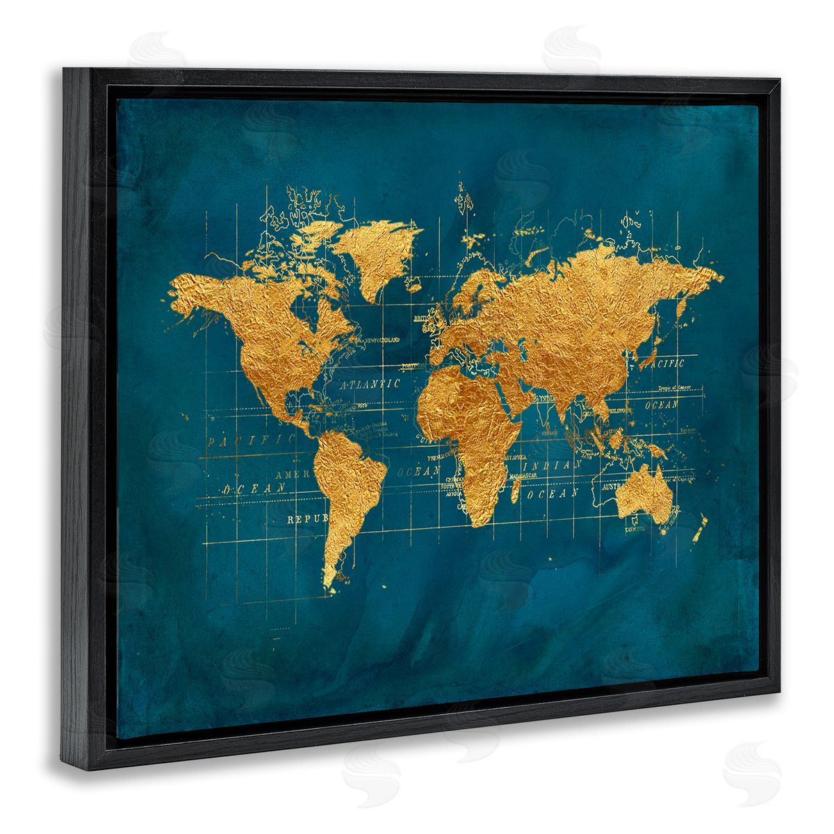 World Map Gold Blue Black Floating Frame Canvas Wall Art, Home Decor by Beth Albert