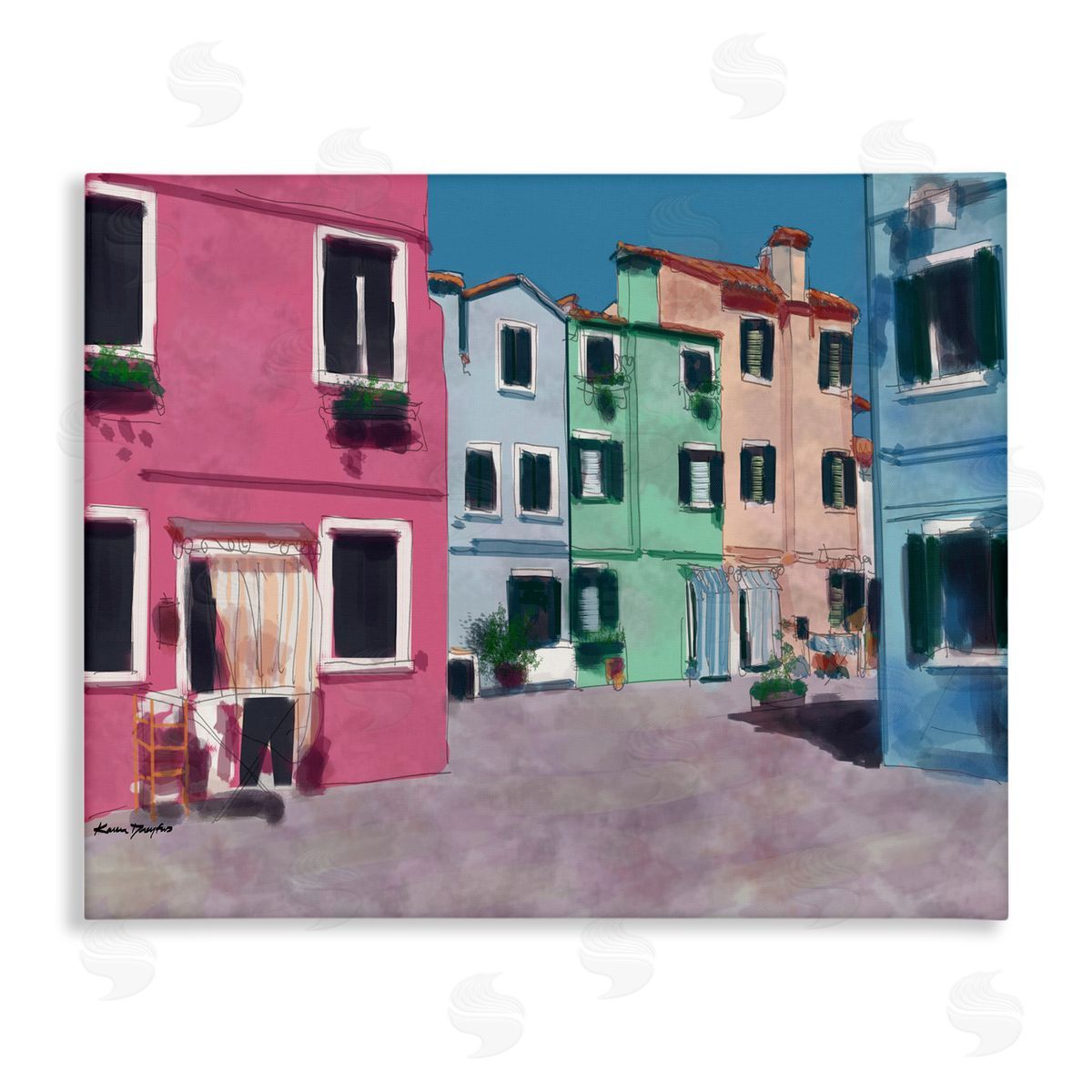 Colorful Town Landscape Painting Canvas Wall Art, Home Decor by Karen Dreyfus