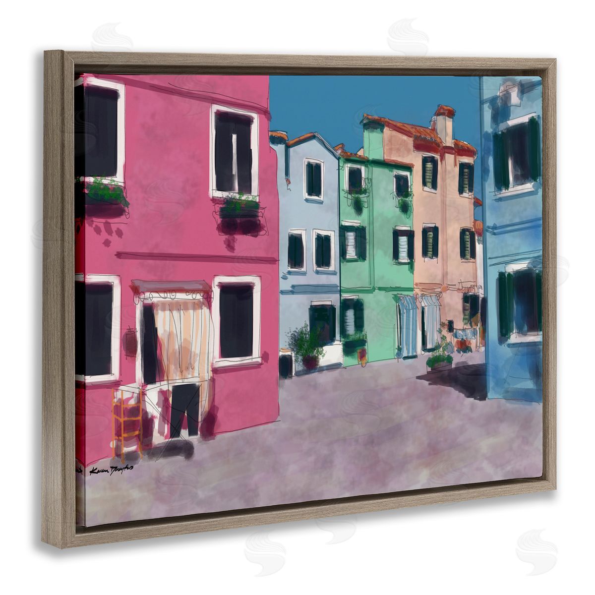 Colorful Town Landscape Painting Brown Floating Frame Canvas Wall Art, Home Decor by Karen Dreyfus