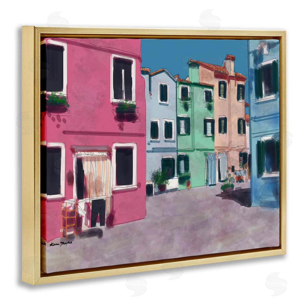 Colorful Town Landscape Painting Gold Floating Frame Canvas Wall Art, Home Decor by Karen Dreyfus