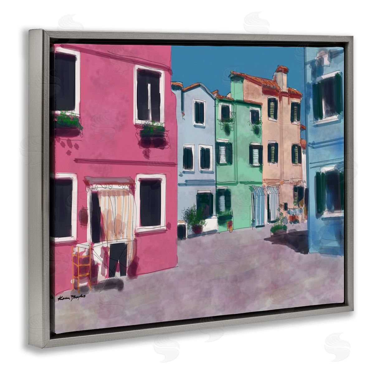 Colorful Town Landscape Painting Grey Floating Frame Canvas Wall Art, Home Decor by Karen Dreyfus