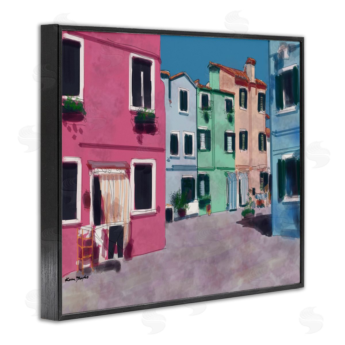 Colorful Town Landscape Painting Black Frame Print Wall Art, Home Decor by Karen Dreyfus