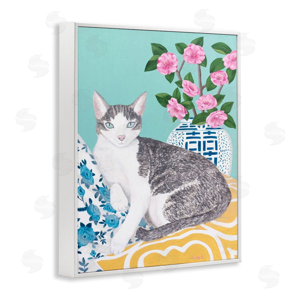 Cat With Cushion And Vase White Frame Print Wall Art, Home Decor by Sally B