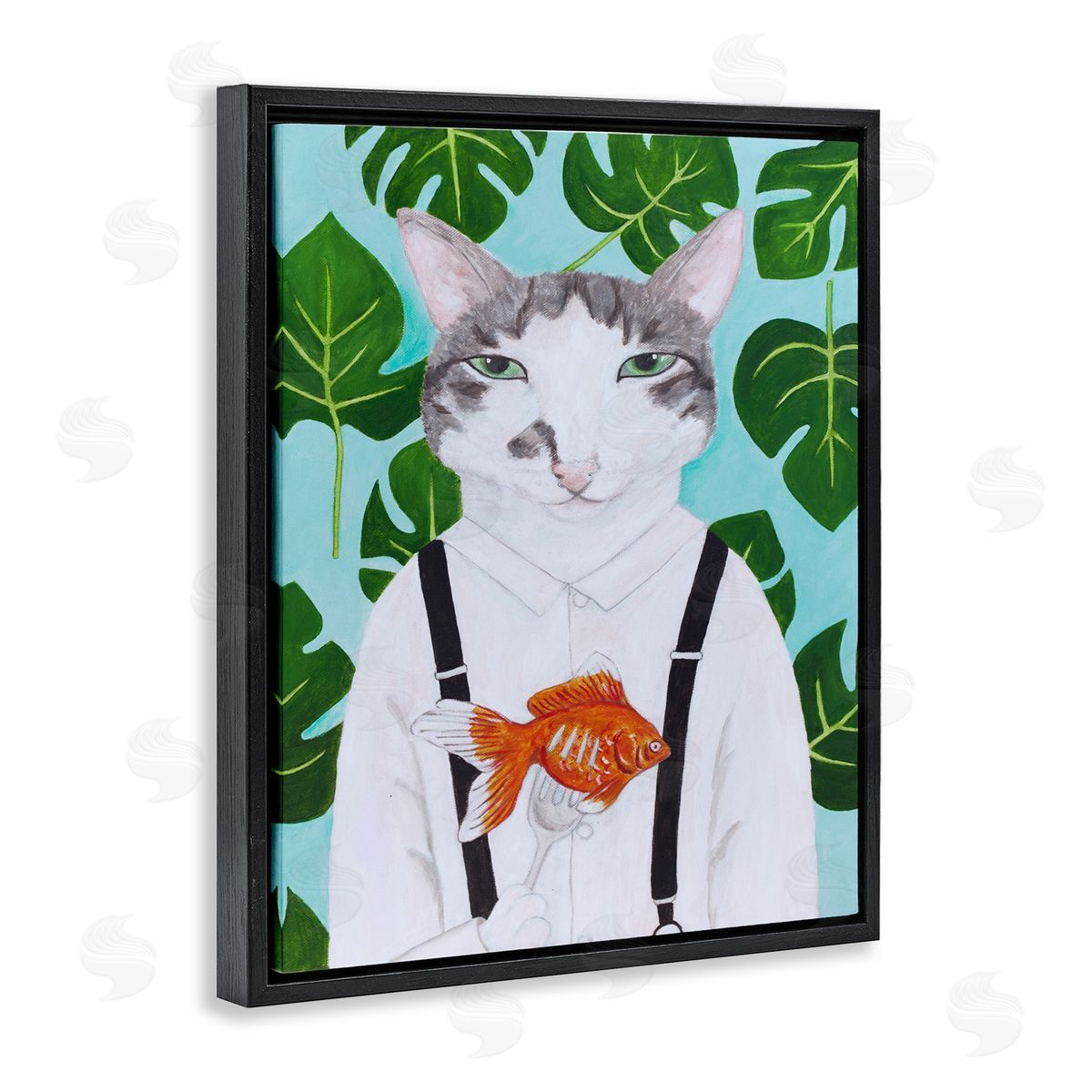 Cat Goldfish Dinner Funny Black Floating Frame Canvas Wall Art, Home Decor by Sally B