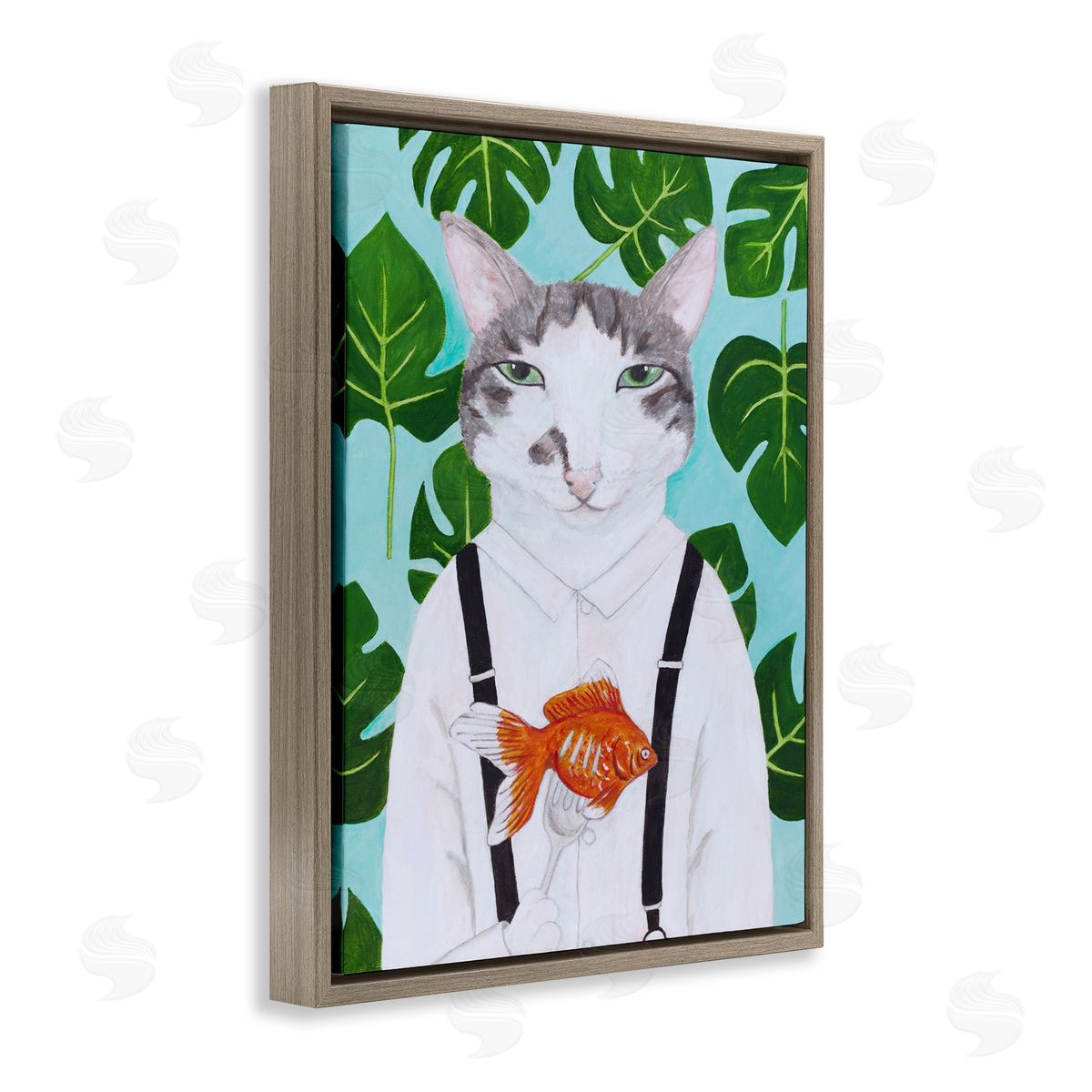 Cat Goldfish Dinner Funny Brown Floating Frame Canvas Wall Art, Home Decor by Sally B