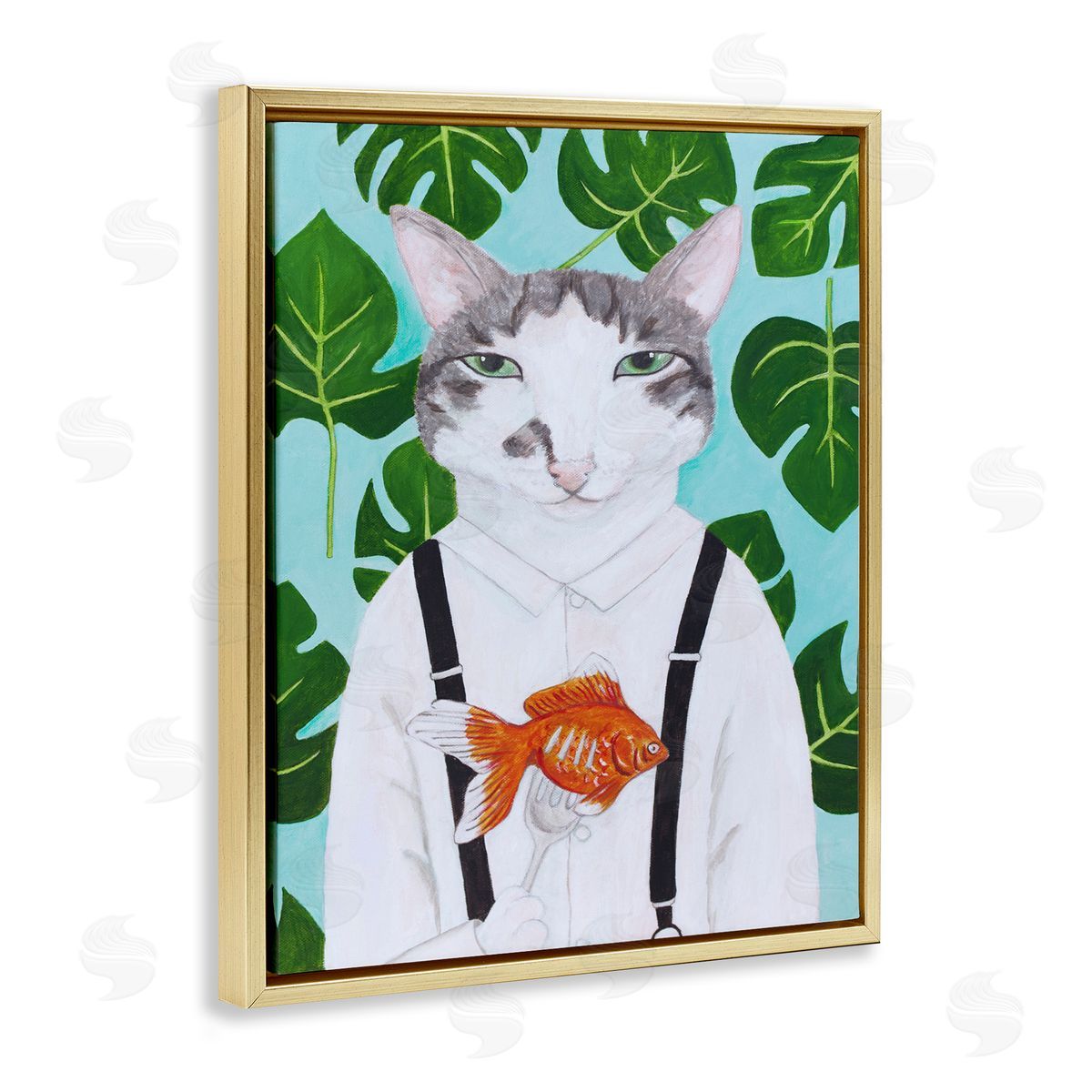 Cat Goldfish Dinner Funny Gold Floating Frame Canvas Wall Art, Home Decor by Sally B