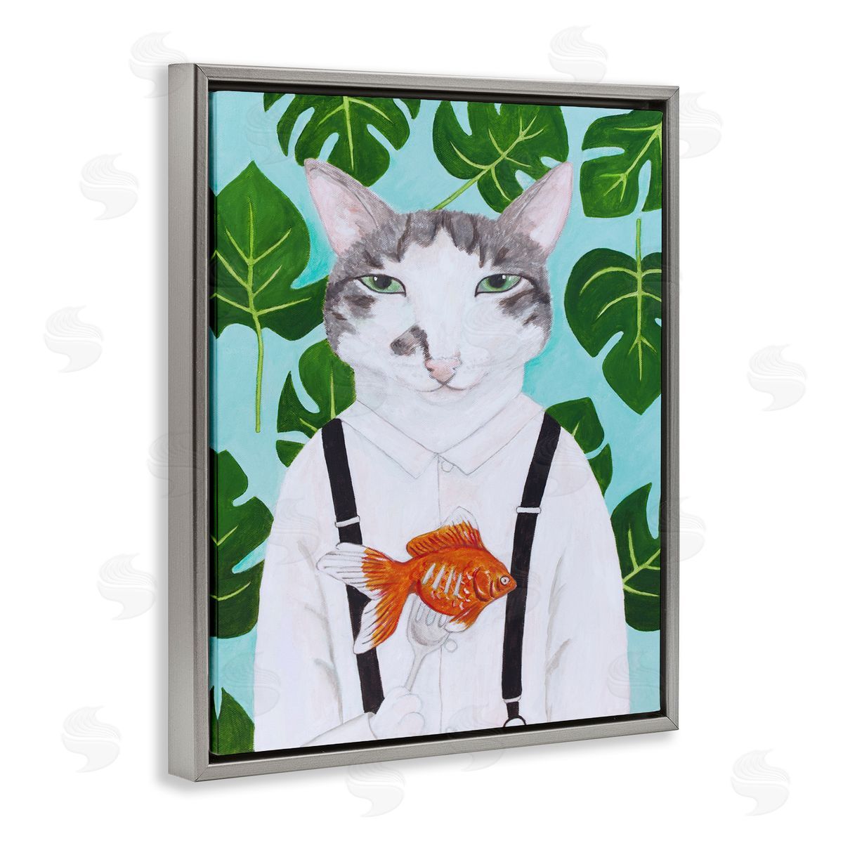 Cat Goldfish Dinner Funny Grey Floating Frame Canvas Wall Art, Home Decor by Sally B