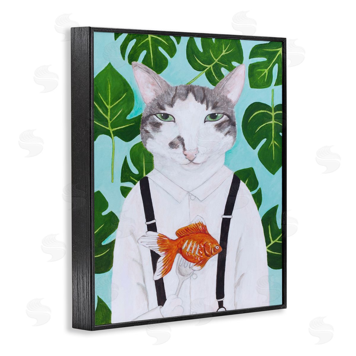 Cat Goldfish Dinner Funny Black Frame Print Wall Art, Home Decor by Sally B