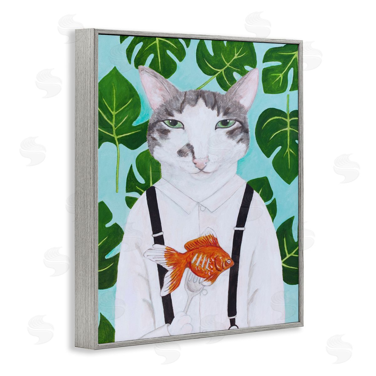 Cat Goldfish Dinner Funny Grey Frame Print Wall Art, Home Decor by Sally B