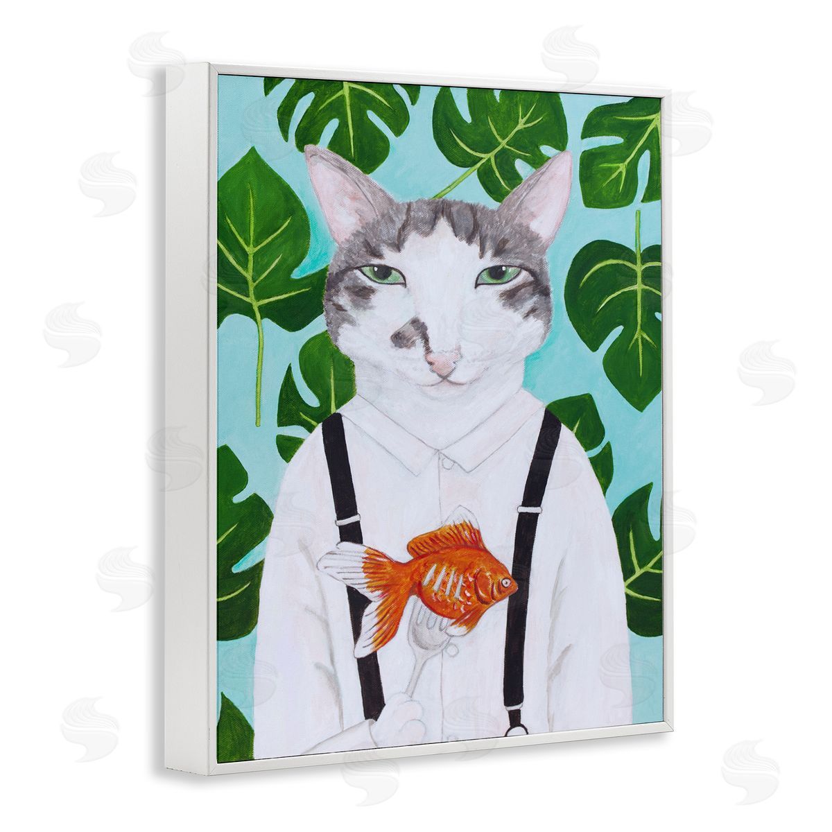 Cat Goldfish Dinner Funny White Frame Print Wall Art, Home Decor by Sally B