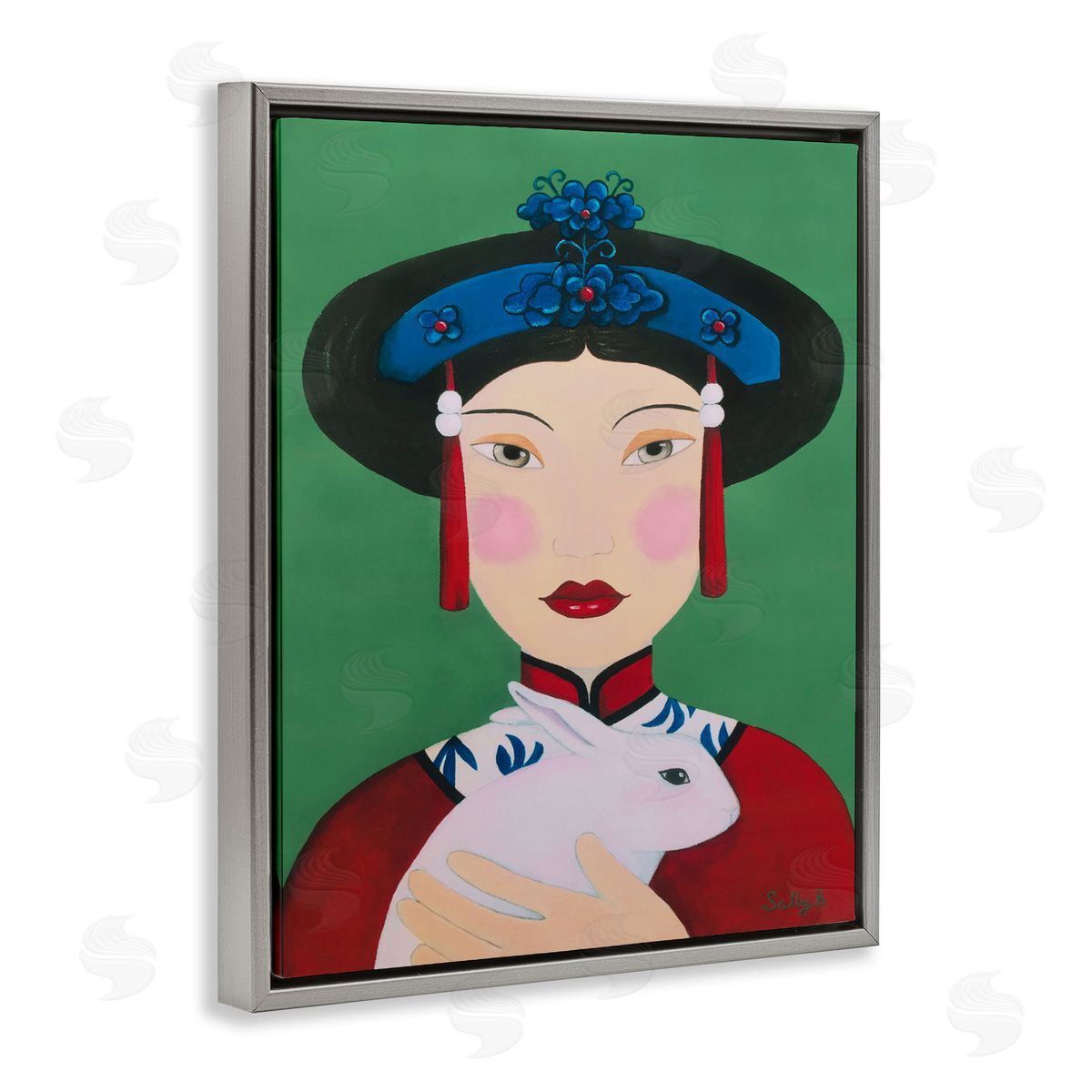 Woman And Rabbit Painting Grey Floating Frame Canvas Wall Art, Home Decor by Sally B