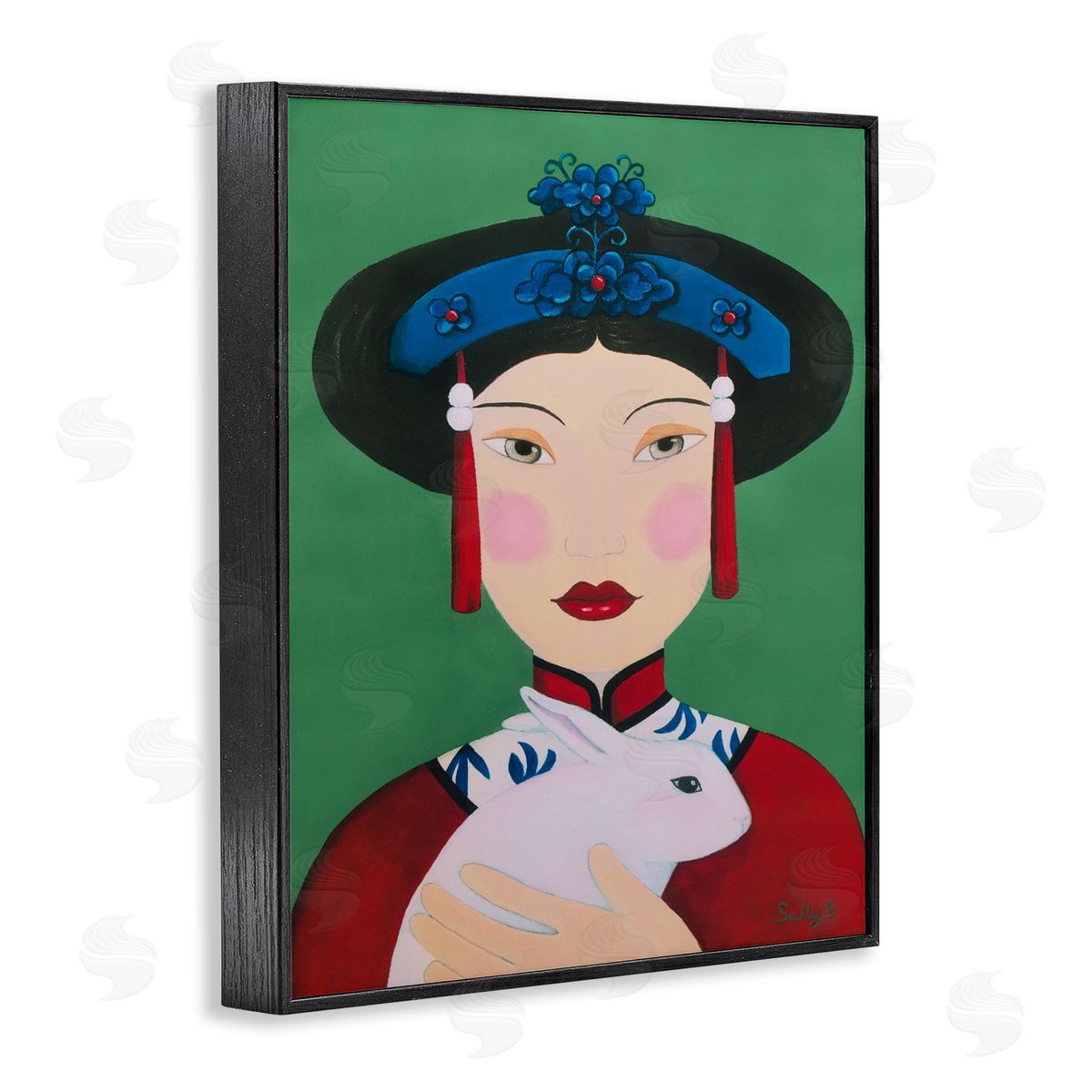 Woman And Rabbit Painting Black Frame Print Wall Art, Home Decor by Sally B