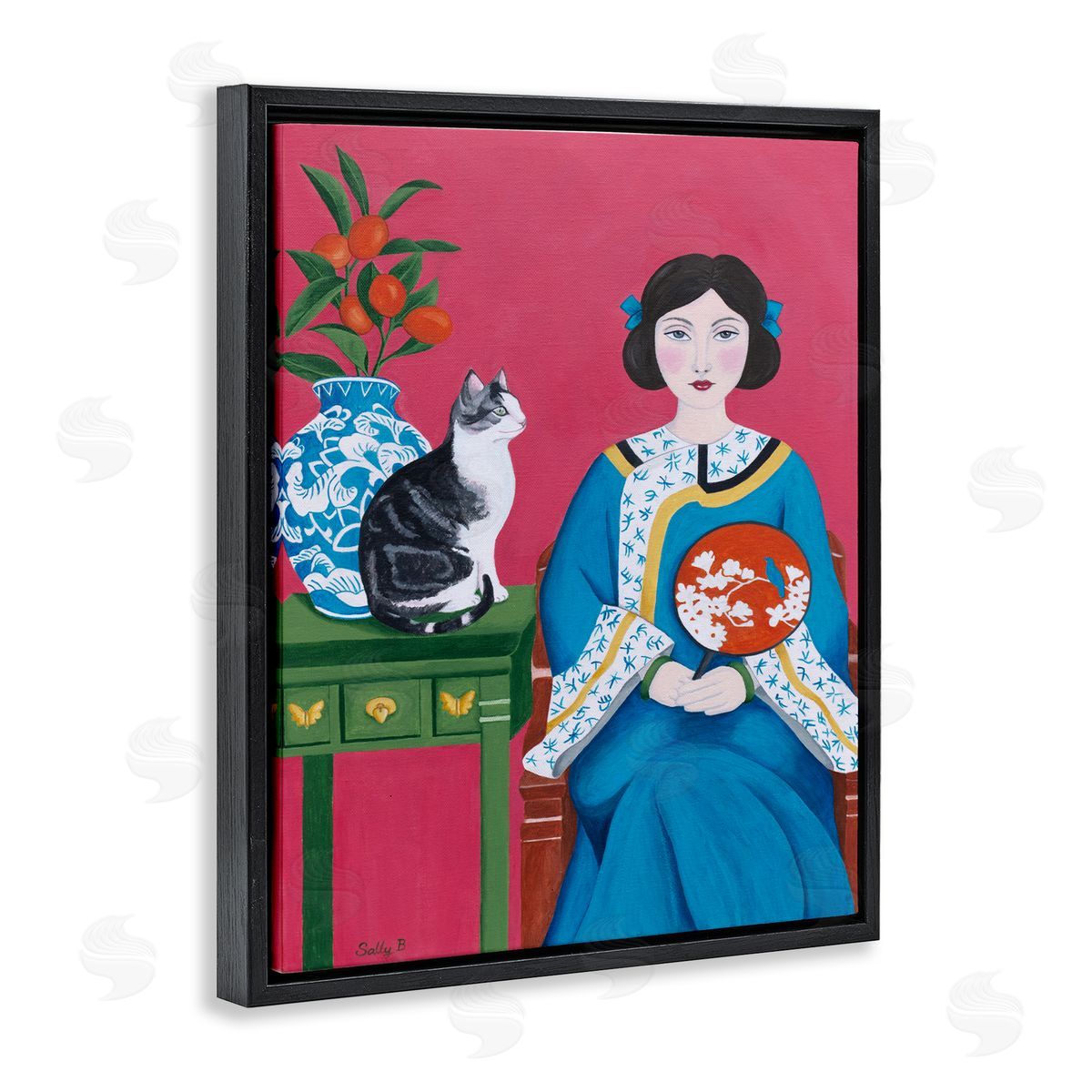 Woman And Cat Painting Black Floating Frame Canvas Wall Art, Home Decor by Sally B