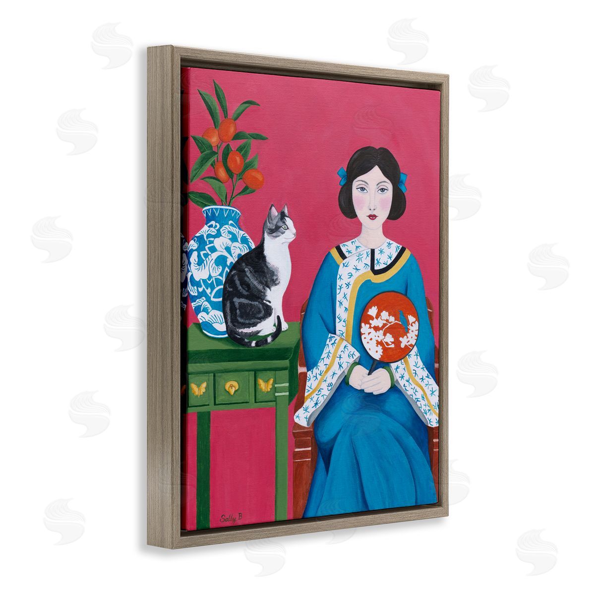 Woman And Cat Painting Brown Floating Frame Canvas Wall Art, Home Decor by Sally B