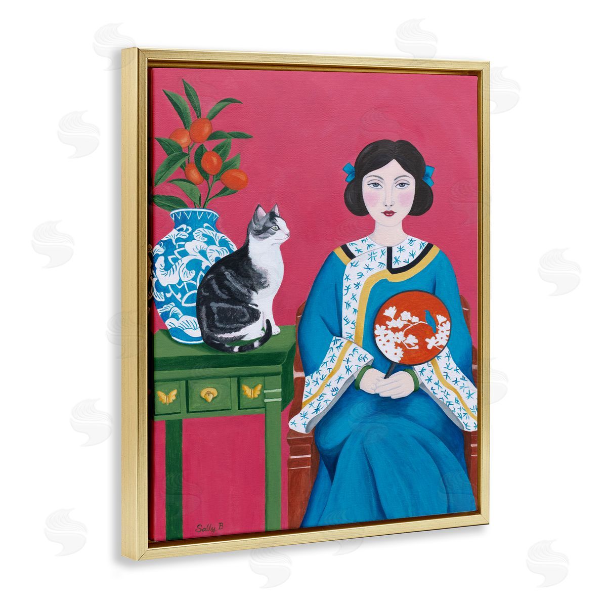 Woman And Cat Painting Gold Floating Frame Canvas Wall Art, Home Decor by Sally B