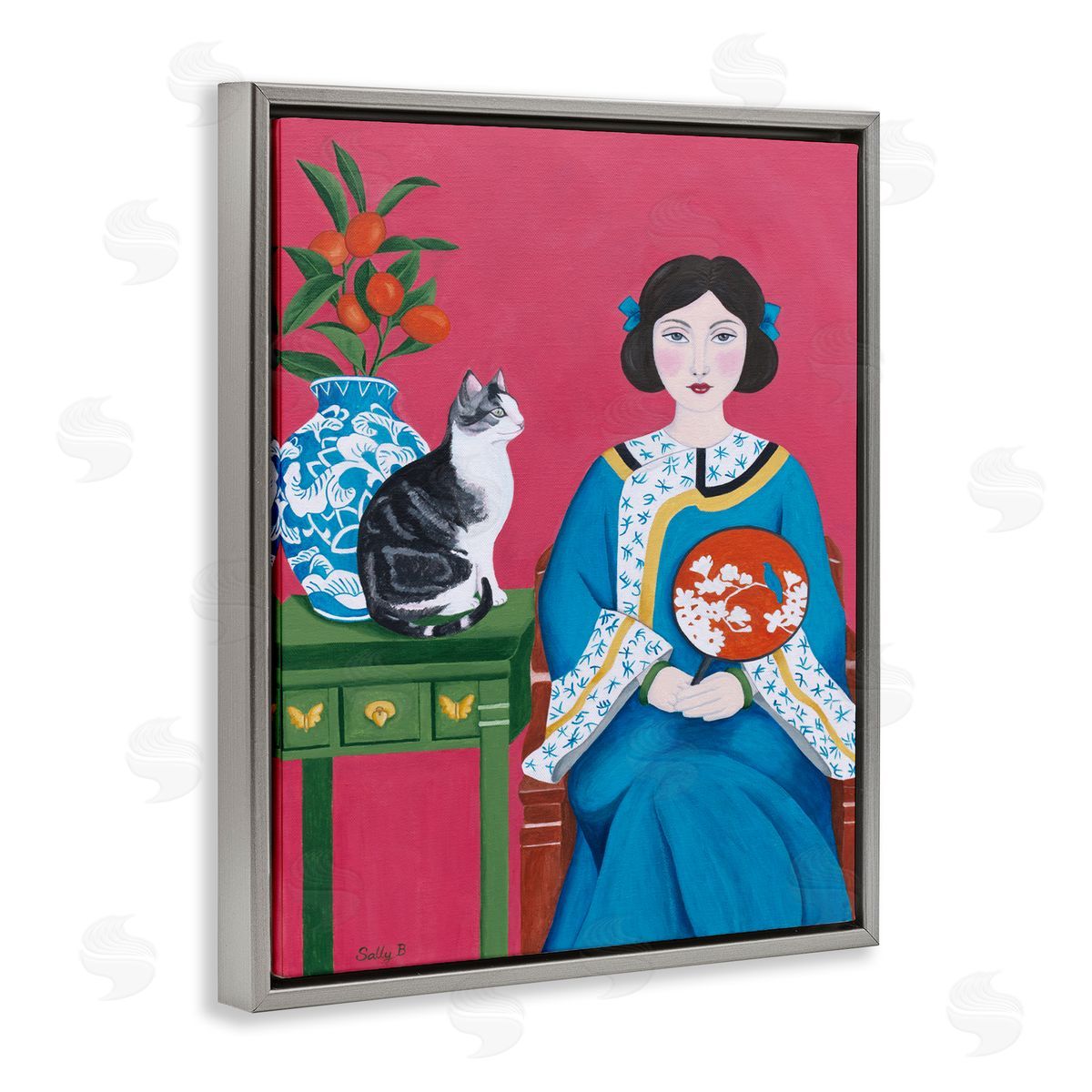 Woman And Cat Painting Grey Floating Frame Canvas Wall Art, Home Decor by Sally B