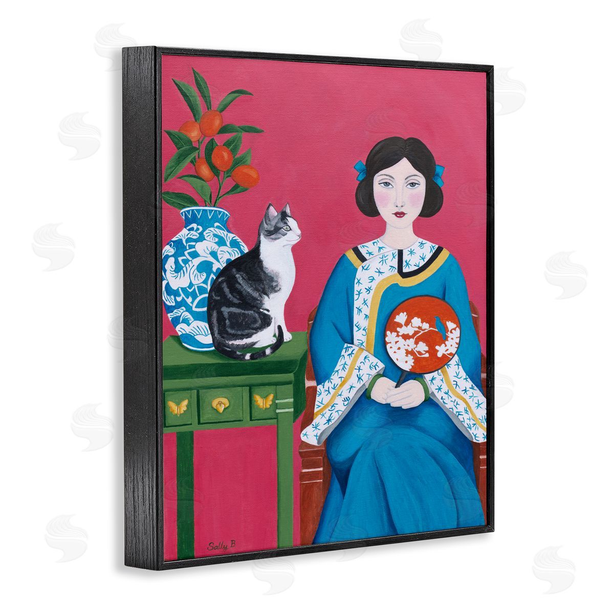 Woman And Cat Painting Black Frame Print Wall Art, Home Decor by Sally B