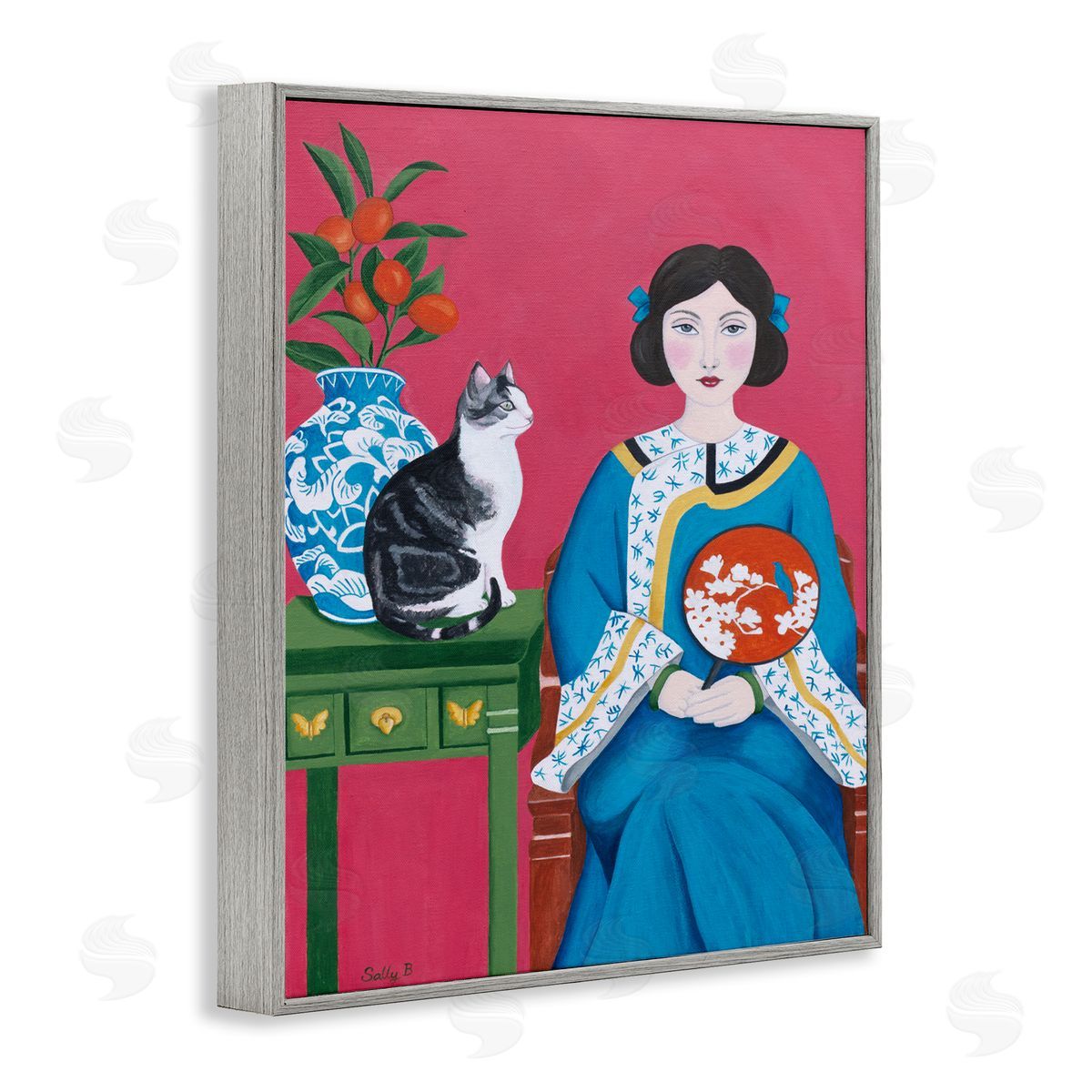 Woman And Cat Painting Grey Frame Print Wall Art, Home Decor by Sally B